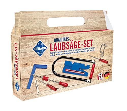 Pebaro 101P Laubsäge-Set im Tragegriff-Karton, 15 Teile, praktische Kofferverpackung, komplettes Set mit Laubsägebogen made in Germany, Laubsägen, Basteln mit Holz, Bastelset, Geschenkidee für Kinder von Pebaro