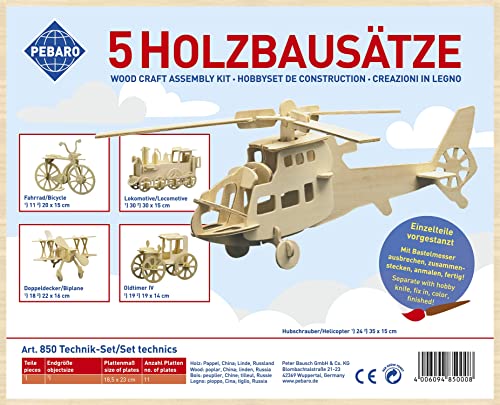 Pebaro 850 Holzbausatz Technik-Set, 5 Stück 3D Puzzles: Fahrrad, Lokomotive, Doppeldecker, Oldtimer, Hubschrauber; Modellbausatz, Basteln mit Holz, Holzpuzzle, vorgestanzte Holzplatten, Geschenkidee von Pebaro