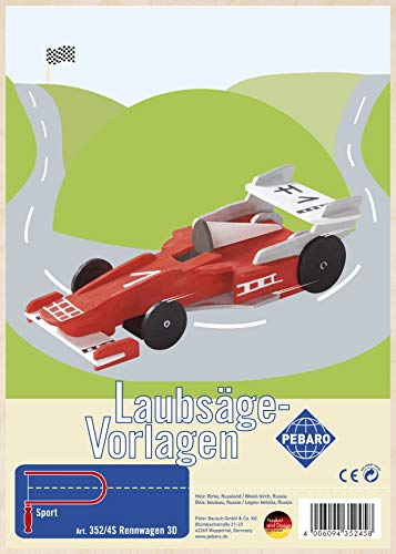 Pebaro 352/4S Laubsägevorlage Rennwagen 3D, 3mm Sperrholz DIN A 4, Auto Motiv vorgedruckt, aussägen mit Laubsägebogen, basteln, anmalen, fertig, Laubsägen, Basteln mit Holz, Geschenkidee von Pebaro