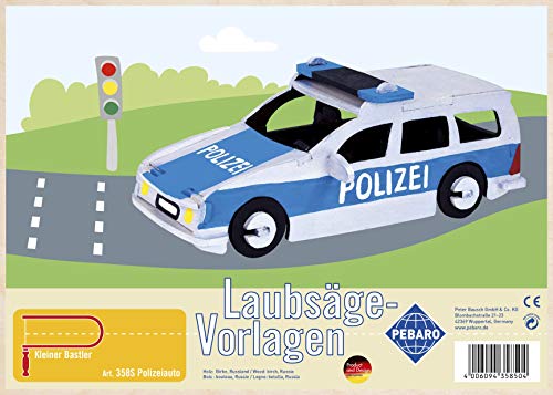 Pebaro 358 S Laubsägevorlage Polizeiauto, 3mm Sperrholz DIN A 4, Motiv vorgedruckt, aussägen mit Laubsägebogen, basteln, anmalen, fertig, Laubsägen, Basteln mit Holz, Geschenkidee von Pebaro