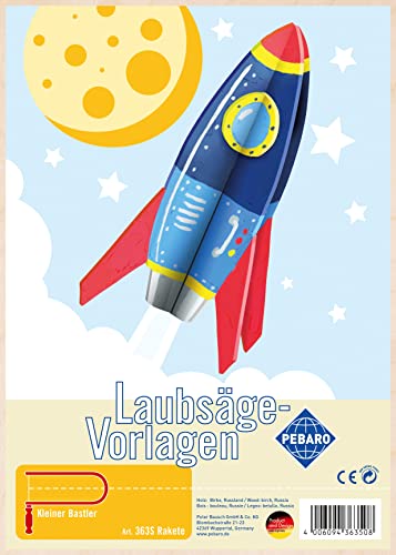 Pebaro 363S Laubsägevorlage Rakete, 3mm Sperrholz DIN A 4, Motiv vorgedruckt, aussägen mit Laubsägebogen, basteln, anmalen, fertig, Laubsägen, Basteln mit Holz, Geschenkidee von Pebaro