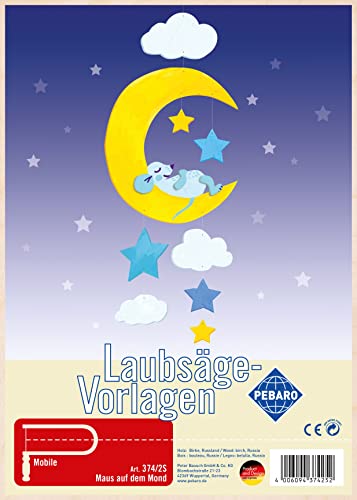 Pebaro 374/2S Laubsägevorlage Mobile Windspiel Maus auf dem Mond, 3mm Sperrholz DIN A 4, Motiv vorgedruckt, aussägen mit Laubsägebogen, basteln, anmalen, fertig, Basteln mit Holz, Geschenkidee von Pebaro