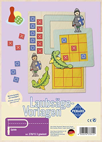 Pebaro 378/1S Laubsägevorlage Spiel 3 gewinnt, 3mm Sperrholz DIN A 4, Motiv farbig vorgedruckt, aussägen mit Laubsägebogen, basteln, fertig, Laubsägen, Basteln mit Holz, Geschenkidee von Pebaro