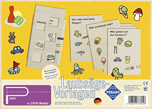 Pebaro 378/4S Laubsägevorlage Spiel Miniquiz, 3mm Sperrholz DIN A 4, Motiv farbig vorgedruckt, aussägen mit Laubsägebogen, basteln, fertig, Laubsägen, Basteln mit Holz, Geschenkidee von Pebaro