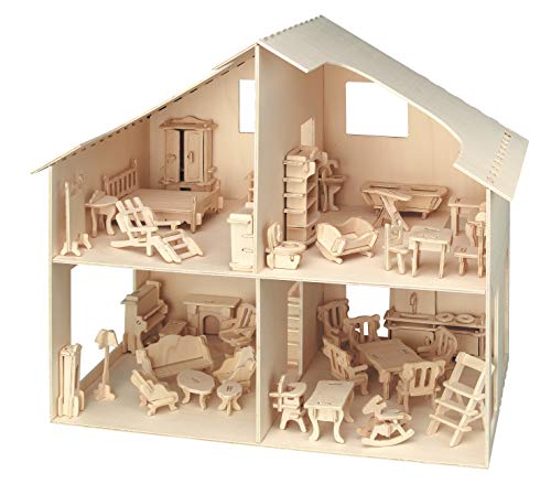 Pebaro Donau Elektronik _M880 3D Puzzle Puppenhaus mit Möbeln, 30 x 30 x 30 cm, Natur von Pebaro