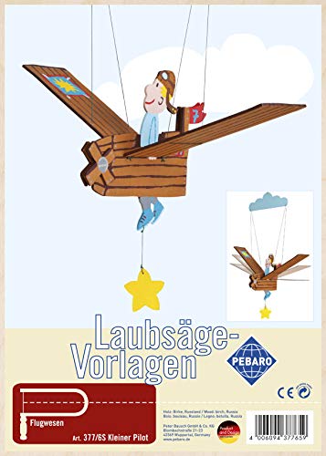 Pebaro 377/6S Laubsägevorlage Mobile Windspiel Kleiner Pilot, 3mm Sperrholz DIN A 4, Motiv vorgedruckt, aussägen mit Laubsägebogen, basteln, anmalen, fertig, Laubsägen, Basteln mit Holz, Geschenkidee von Pebaro