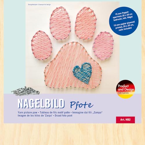 Pebaro NB2 Nagelbild Kreativ Set, Bastelset, Fadenbild, Fadenspannbild, String Art, mit vorgedrucktem Motiv Pfote, Hund, inkl. Nägel, Basteln mit Holz, kreative Geschenkidee, Dekoartikel, 20 x 20 cm von Pebaro