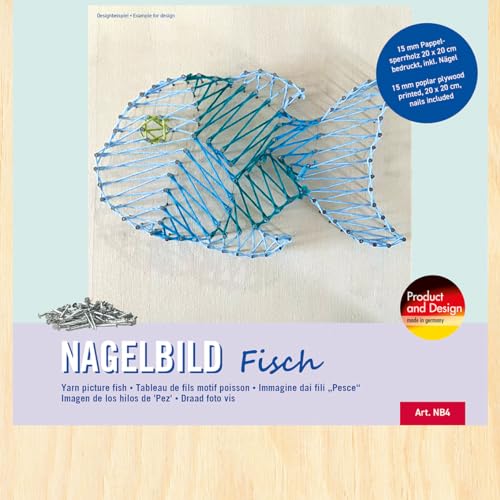 Pebaro NB4 Nagelbild Kreativ Set, Bastelset, Fadenbild, Fadenspannbild, String Art, mit vorgedrucktem Motiv Fisch, inkl. Nägel, Basteln mit Holz, kreative Geschenkidee, Dekoartikel von Pebaro