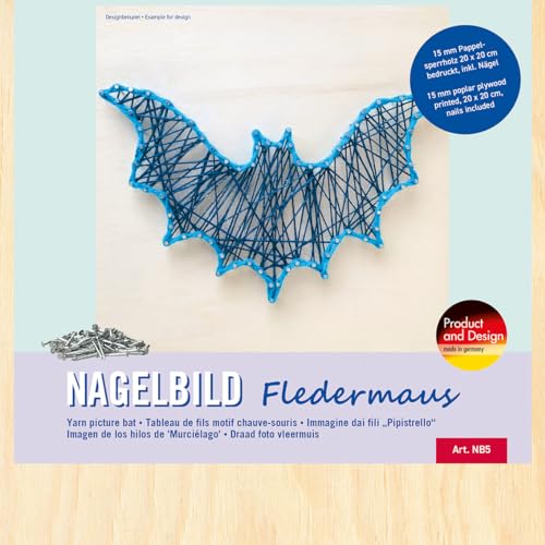 Pebaro NB5 Nagelbild Kreativ Set, Bastelset, Fadenbild, Fadenspannbild, String Art, mit vorgedrucktem Motiv Fledermaus, inkl. Nägel, Basteln mit Holz, kreative Geschenkidee, Dekoartikel von Pebaro