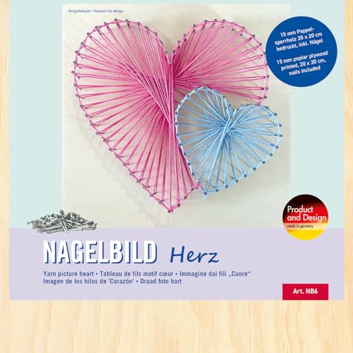 Pebaro NB6 Nagelbild Kreativ Set, Bastelset, Fadenbild, Fadenspannbild, String Art, mit vorgedrucktem Motiv Herz, inkl. Nägel, Basteln mit Holz, kreative Geschenkidee, Dekoartikel, 20 x 20 cm von Pebaro