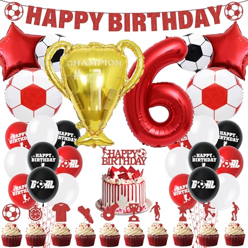 Fußball 6. Geburtstag Party Dekorationen – Fußball Kuchen Topper Luftballons Happy Birthday Banner Party Supplies für Jungen, Rot Sport Thema Dekoration für 6 Jahre alte Kinder und Fans von Pecration