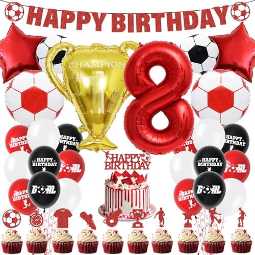 Fußball 8. Geburtstag Party Dekorationen – Fußball Kuchen Topper Luftballons Happy Birthday Banner Partyzubehör für Jungen, Rot Sport Thema Dekoration für 8 Jahre alte Kinder und Fans von Pecration