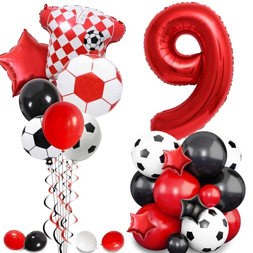 Fußball Geburtstag Dekorationen 9th Ballons - Fußball Party Supplies mit Fußballstern Folie und Latexballon für Jungen, Rot Sport Thema Dekoration für 9 Jahre alte Kinder und Fans von Pecration