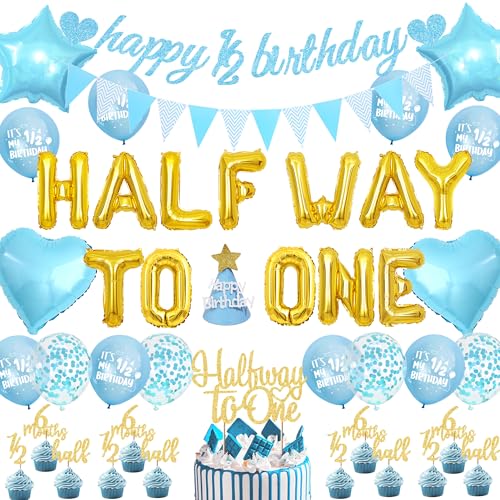 Halber Geburtstag Dekorationen Junge Blau - Half Way to One Banner Happy Birthday Hut 6 Monate 1/2 Cake Topper Wimpelkette Buchstaben Folienballons für Halbjahr Babyparty Party Dekoration von Pecration