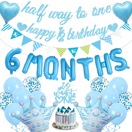 Half Birthday Party Dekorationen Jungen - Blau Half Way To One Banner Dekor Set mit Cake Topper, 6 Monate Folienballons Happy 1/2 Birthday Girlande für Baby Shower Party Supplies von Pecration