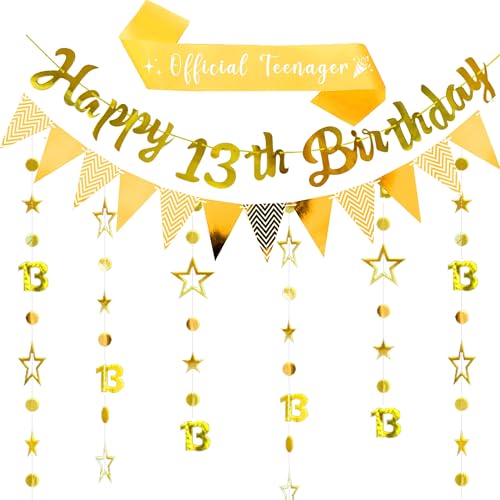 Happy 13th Birthday Banner Dekoration - Gold Offizielle Teenager Dekorationen Schärpe Banner Dekorationen Set für Jungen, Glitzer Girlande Stern Hängend für 13 Jahre Alt Party Supplies von Pecration