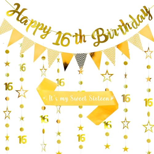 Happy 16th Birthday Banner Dekoration - Gold Sweet Sixteen Schärpe Banner Dekorationen Set für Jungen, Glitzer Dreieck Girlande Stern Hängend für 16 Jahre Alt Party Supplies von Pecration