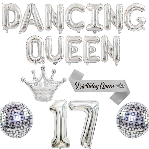 Happy 17th Birthday Party Decoration - Silver Young and Sweet Only 17 Balloon Banner Decorations for Girl, Disco Exploding Crown Foil Balloons for Dancing Queen Party Supplies von Pecration