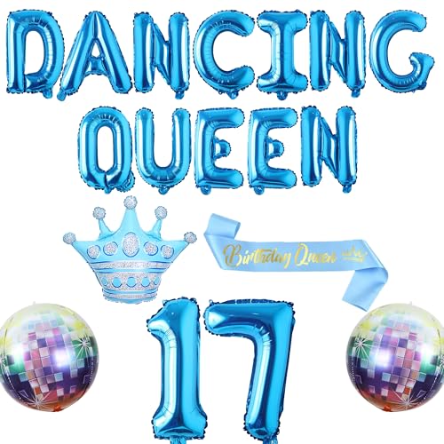 Happy 17th Birthday Party Decorations - Blue Dancing Queen Balloon Birthday Sash Decoration for Girls, Exploding Crown Foil Balloons Balloons for Disco Theme Party Supplies von Pecration