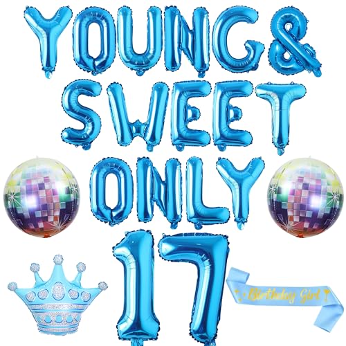 Happy 17th Birthday Party Decorations - Blue Young and Sweet Only 17 Balloon Banner Decoration for Girls, Disco Exploding Crown Foil Balloons for Dancing Queen Party Supplies von Pecration