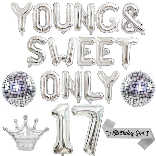 Happy 17th Birthday Party Decorations - Silver Young and Sweet Only 17 Balloon Banner Decoration for Girls, Disco Exploding Crown Foil Balloons for Dancing Queen Party Supplies von Pecration