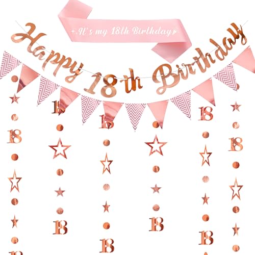 Happy 18th Birthday Banner Dekoration - Rose Gold Geburtstag Schärpe Banner Dekorationen Set für Mädchen Frauen, Glitzer Dreieck Girlande Stern Hängend für 18 Jahre Alt Party Supplies von Pecration