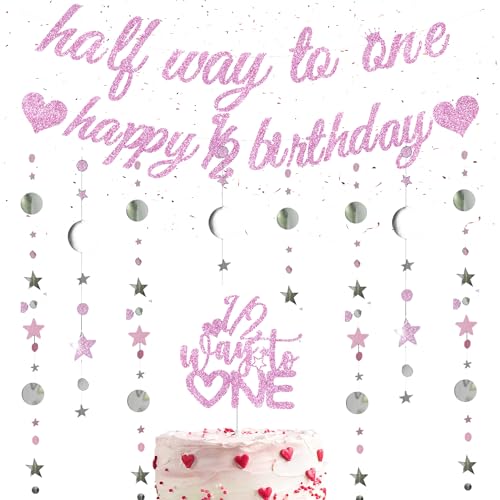 Happy 6 Months Birthday Decorations - Pink Half Way To One Banner with Glitter Star Garland, 1/2 Way To One Cake Topper For Baby Six Months Old Party Supplies von Pecration