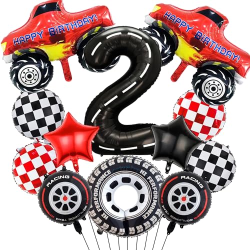 LKW Geburtstag Dekorationen 2nd Luftballons - 12 Stück Auto Party Supplies Nummer 2 Karierte Stern Racing Folienballons, Auto Thema Dekoration für 2-jährige Jungen Geburtstagsfeier von Pecration