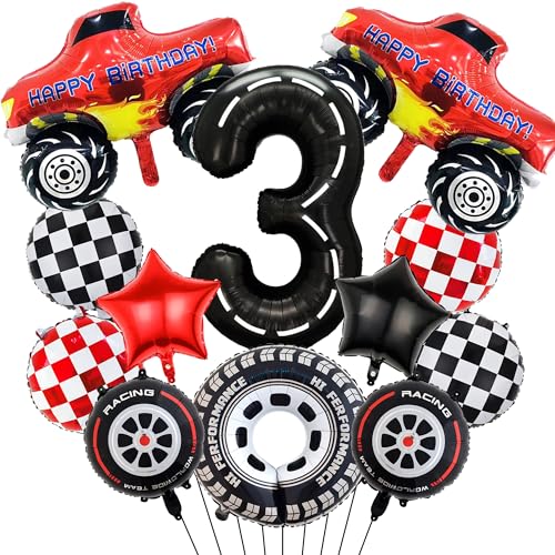 LKW Geburtstag Dekorationen 3rd Luftballons - 12 Stück Auto Party Supplies Nummer 3 Karierte Stern Racing Folienballons, Auto Thema Dekoration für 3-jährige Jungen Geburtstagsfeier von Pecration