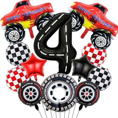 LKW Geburtstag Dekorationen 4th Luftballons - 12 Stück Auto Party Supplies Nummer 4 Karierte Stern Racing Folienballons, Auto Thema Dekoration für 4-jährige Jungen Geburtstagsfeier von Pecration