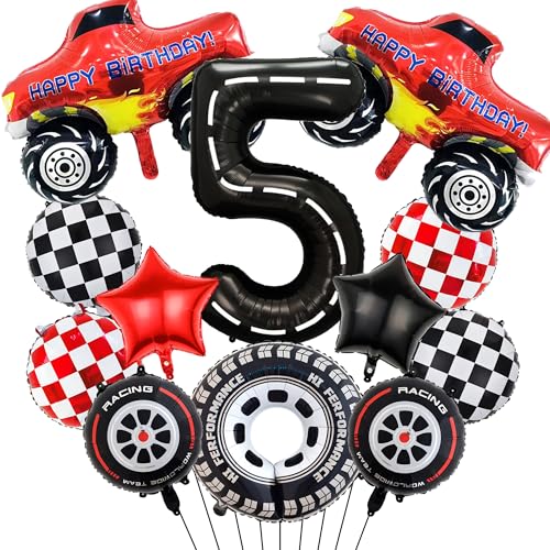 LKW Geburtstag Dekorationen 5 Luftballons - 12 Stück Auto Party Supplies Nummer 5 Karierte Stern Racing Folienballons, Auto Thema Dekoration für 5-jährige Jungen Geburtstagsfeier von Pecration