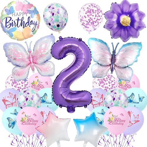 Schmetterlings-Dekorationen zum 2. Geburtstag für Mädchen – 23 Stück lila Schmetterlingsballons Zahl 2 Gradient Stern Folienballon, Geburtstagsparty-Zubehör für 2 Jahre altes Mädchen, Party-Dekoration von Pecration