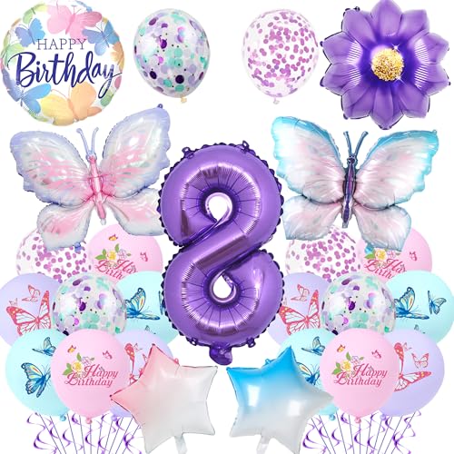 Schmetterlings-Dekorationen zum 8. Geburtstag für Mädchen – 23 Stück lila Schmetterlingsballons Zahl 8 Gradient Stern Folienballon, Geburtstagsparty-Zubehör für 8 Jahre altes Mädchen, Party-Dekoration von Pecration