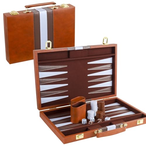 Backgammon Spiel-Set, Backgammon Holz, Backgammon Brettspiel, Reise Backgammon zum Rollen, Brettspiel mit Hochwertigem Lederetui mit Würfelbecher, Brettspiel mit Kunstlederkoffer für Erwachsene Kinder von Peelanmall