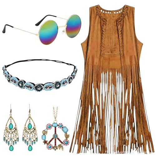 Hippie Kostüm Damen Set, Fransen ärmellos Weste Hippie Kleidung Damen, Damen Disco Outfit, Sonnenbrille, Stirnband, Ohrringe, Halskette, Braun Fransenweste Damen Hippie Karneval Faschingskostüme (L) von Peelanmall