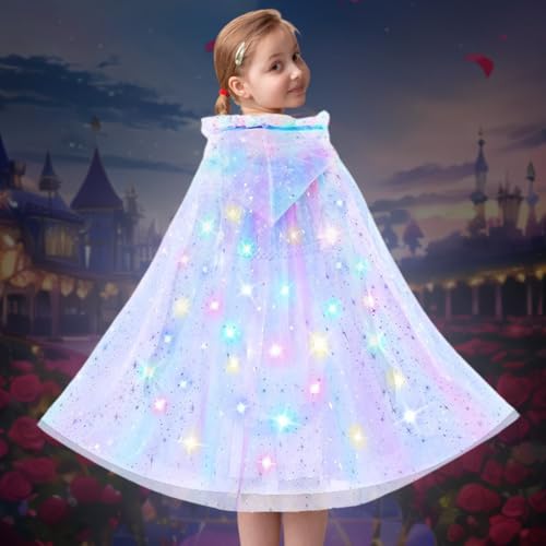 Leuchtende Prinzessin Cape, Prinzessin Umhang Mädchen, LED Prinzessin Cape mit Kapuze, Kinder Umhang Prinzessin Bunt Cape, Prinzessin Umhang Tüll Umhang Glitzer Pailletten Cape, für Karneval Cosplay von Peelanmall