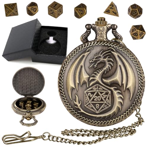 Mini DND Würfel Set, 7 teiliges Polyhedrales Metall D&D Würfelset, Taschenuhr Gehäuse mit Zahlenwürfel in der Mitte, mit Hohlem Zahnrad, Rollenspiel-Brettspiel Würfel, D&D-Geschenke (Bronze) von Peelanmall