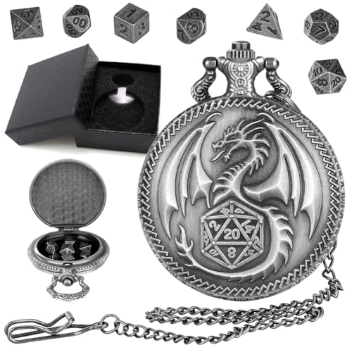 Mini DND Würfel Set, 7 teiliges Polyhedrales Metall D&D Würfelset, Taschenuhr Gehäuse mit Zahlenwürfel in der Mitte, mit Hohlem Zahnrad, Rollenspiel-Brettspiel Würfel, D&D-Geschenke (Dunkelsilber) von Peelanmall