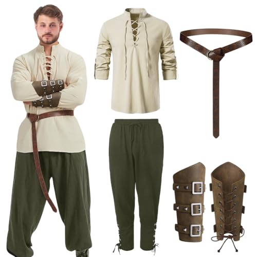 Mittelalter Kleidung Herren, Herren Renaissance Kostüm Set mit Hose Gürtel Handgelenkgurt Zubehör, Leinenhemd Herren, Mittelalter Hose Viking Kostüm, Viktorian Viking Kostüm für Karneval Cosplay (S) von Peelanmall