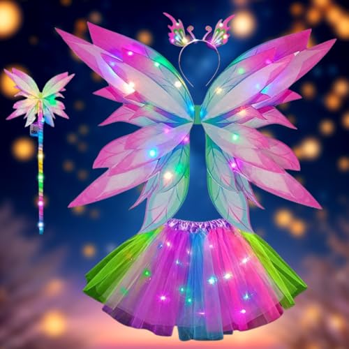 Peelanmall Fee Kostüm Mädchen, Elektrische Feenflügel mit LED Lichtern, LED Feenflügel mit Tutu Tüllrock Blumenkranz Zauberstab, Schmetterling Kostüm Kinder, Prinzessin Fee Kostüm Zubehör für Karneval von Peelanmall