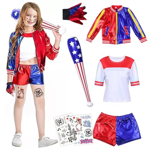 Quinn Kostüme für Erwachsene, Quinn Kostüm Cosplay Costume Set mit Tattoo Joker, Jacke, Shorts, T-Shirt, Handschuh, Netzstrümpfe, Baseballschläger Aufblasbar, für Halloween Karneval Cosplay (XXL) von Peelanmall