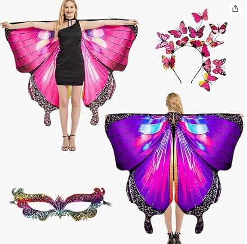 Schmetterling Kostüm Damen, Schmetterlingsflügel Doppelseitiger Druck, Schmetterling Umhang Damen, Doppelseitiger Druck Schmetterlingsflügel Erwachsene Kostüm mit Maske und Rock, für Karnevel Cosplay von Peelanmall