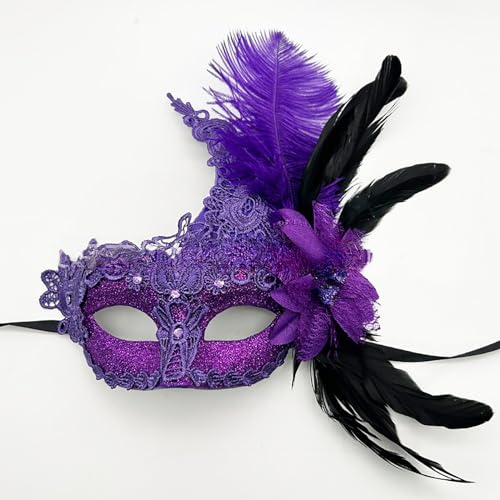 PeiHome Damen Federmaske Maskerade Maske Frauen Venezianische Maske Gesichtsmaske Halloween Karneval Abschlussball Maske Cosplay Kostüm Augenmaske Ostermaske mit Federn Karneval Wanddekoration (Lila) von PeiHome