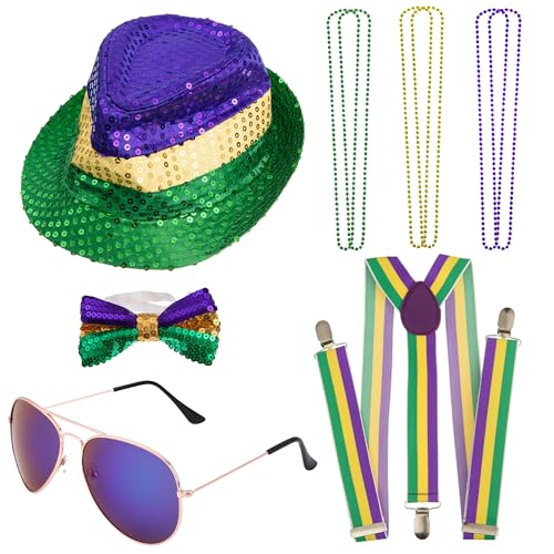 10PCS Mardi Gras Kostüm Zubehör Set, Fedora Pailletten Party Bevorzugung beinhaltet Mardi Gras Fedora Hut Mardi Gras Halskette Perlen für Männer Frauen von Peirich