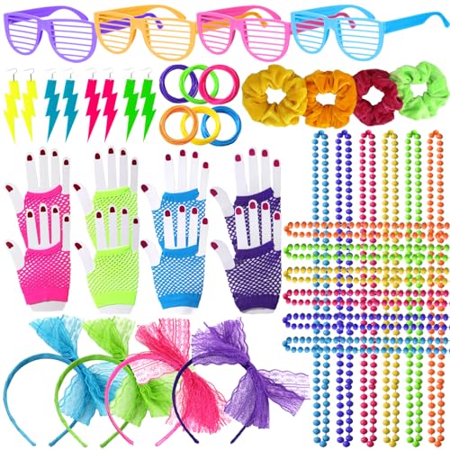 80 Jahre Kostüm Zubehör für Damen Set, Neon Blitz-Ohrringe,Stirnband,Armband, Neon Hair Scrunchies Brille, 100Pcs 80s Women Accessories Set für 80er Jahre Thema Party von Peirich