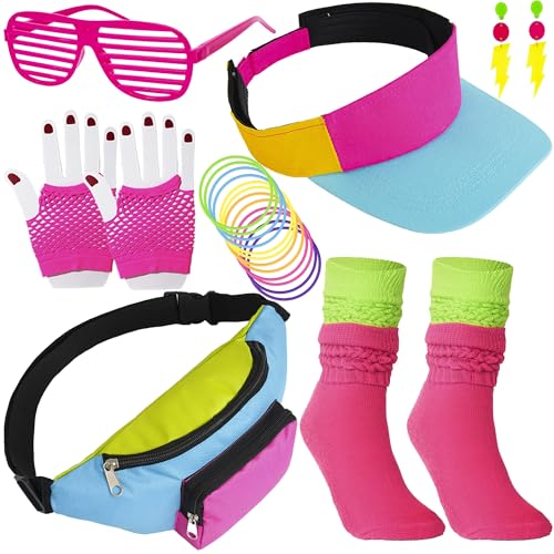 80er Jahre Kostüm Zubehör Set, Hip Hop Zubehör für Frauen, 80er 90er Jahre Outfit Neon Bauchtasche Hut Verstellbare Hüfttasche, Armband, Ohrringe für Halloween Frauen Neon Outfit Party von Peirich