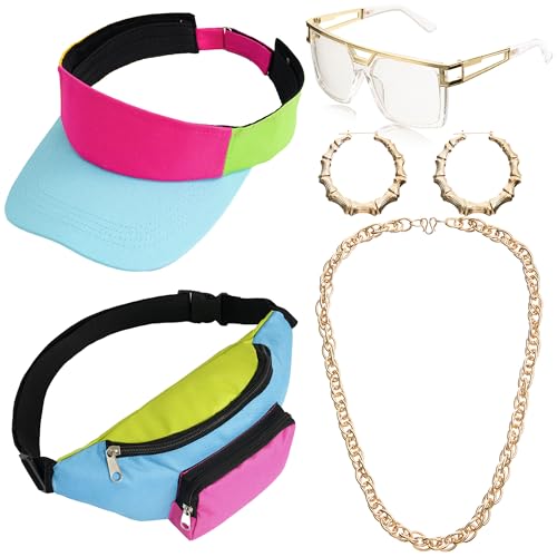 Hip Hop Kostüm für Damen, 80er 90er Jahre Outfit Neon Bauchtasche Hut Verstellbare Hüfttasche, Armband, Ohrringe für Retro 80er 90er Jahre Halloween Party von Peirich