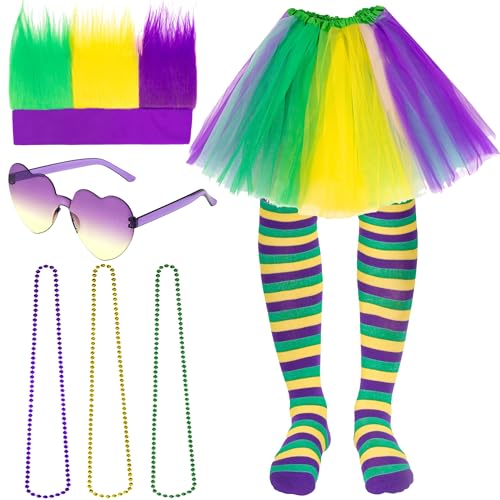 Mardi Gras Kostüm Zubehör Outfit, beinhaltet geschichteten Tüll Tutu Rock, Mardi Gras Perücken, Brille, Mardi Gras Perlen Halskette für 80er Jahre 90er Geburtstag Mardi Gras Party von Peirich