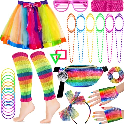 Peirich 29PCS 80er Jahre Kostümzubehör für Frauen, Disco Party Kleidung aus den 1980er Jahren, Beinwärmer, Tutu Röcke Neon Bananen Taschen für Frauen 80er Jahre Dress Up von Peirich