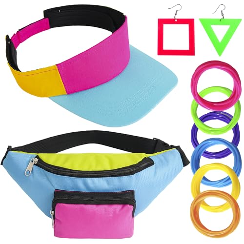 Peirich 80er 90er Jahre Outfit Set, Hip Hop Kostüm Set Enthält Gürteltasche, Armband, Sonnenschirmmütze, Ohrring, 80er Jahre Kleidung Kostüm Neon Accessoires Thema Party Karneval Damen Frauen von Peirich